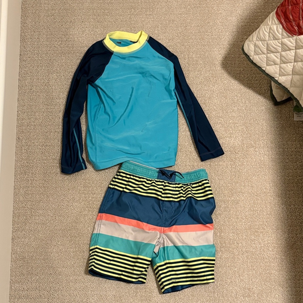 Tea Collection swim trunks and rash guard size 6